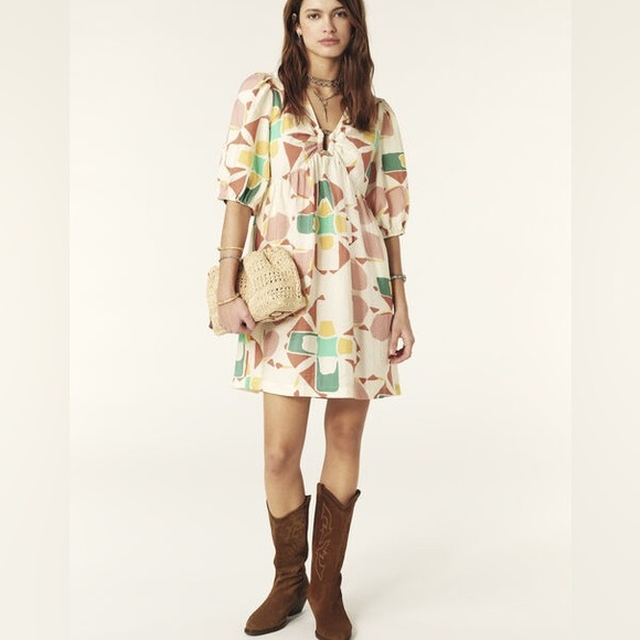 BA&SH ARANCIA Short Loose Dress Puff Sleeve Boho Mini Size 2 US 6 Medium NEW NWT - Picture 1 of 14